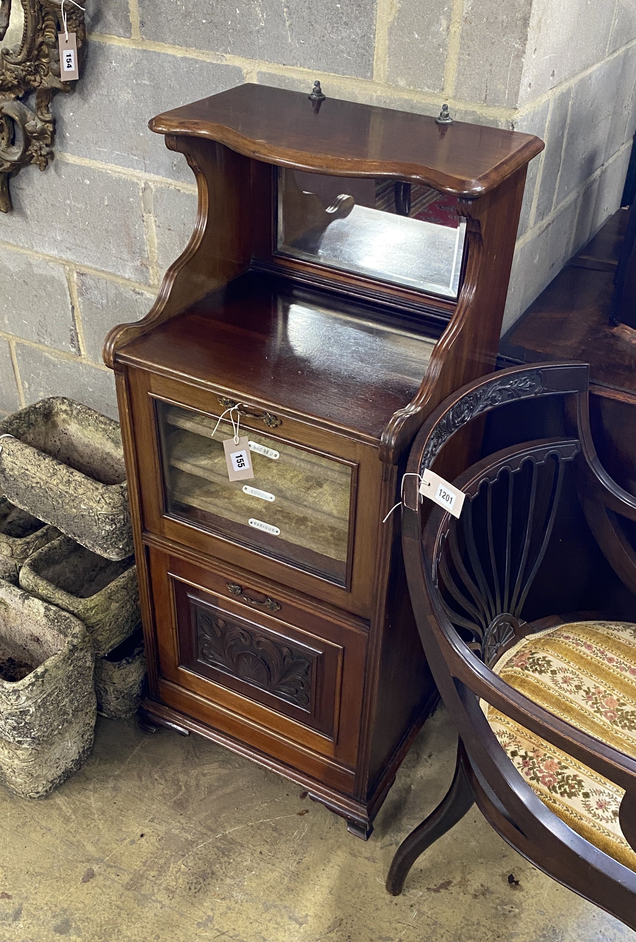 A Victorian mahogany music cabinet, width 46cm, depth 39cm, height 114cm